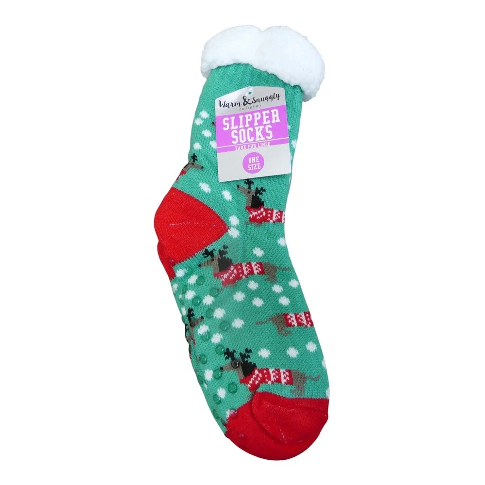 Warm & Snuggly Slipper Socks Womens One Size Green New Dachshund Faux Fur Lined